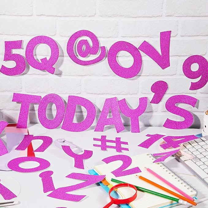 Colarr 216 Pcs Glitter Bulletin Board Letters for Classroom Number Alphabet Punctuation Symbol Cutout 4'' Die-Cut Poster Letter with Adhesive Dot School Party Holiday Decor Display(Purple Pink)