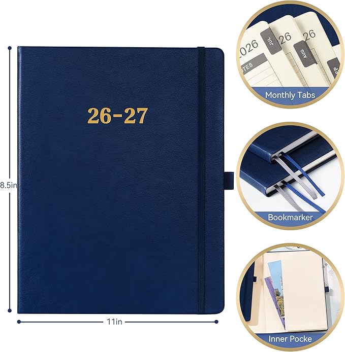 2026-2027 Planner - Planner 2026-2027, 8.5"x11", July 2026 - June 2027, Leather Calendar Weekly and Monthly Planner 26-27, Leather Hardcover, Pen Loop, Elastic Closure, Pocket - Navy