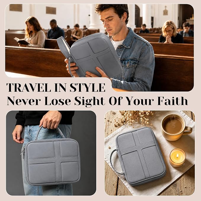 XKDOUS Large Bible Cover, Bible Bag with Handle, Durable Cross Design Bible Case with Bible Accessories, Bible Cover Case for Women and Men, Christian Gift (Gray)