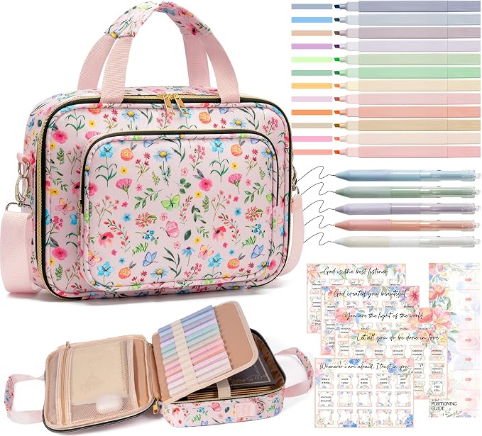 Bible Cover Case for Women, Large Bible Bag w/Shoulder Strap, Bible Study Supplies Journaling Kit Pink Book Carrying Case with Accessories Pastel Highlighter Tab, Christian Gifts for Women Mom Friends