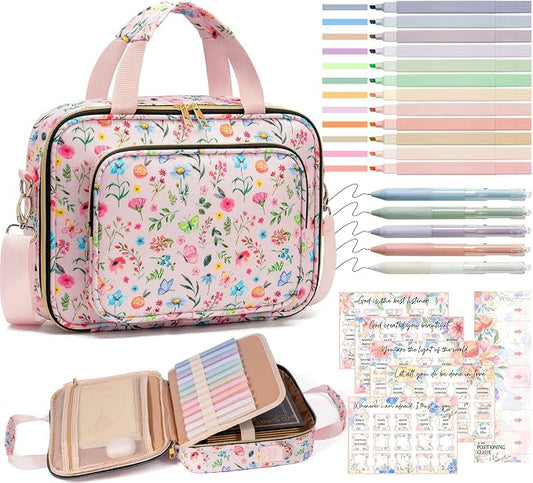 Bible Cover Case for Women, Large Bible Bag w/Shoulder Strap, Bible Study Supplies Journaling Kit Pink Book Carrying Case with Accessories Pastel Highlighter Tab, Christian Gifts for Women Mom Friends