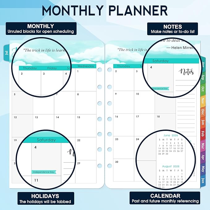 2026-2027 Planner Refills - A5 Planner Inserts with 7-Hole Punched, JUL 2026 - JUN 2027, 5-1/2" x 8-1/2", Planner Refills 2026-2027, A5 Binder Inserts, Weekly Monthly Planner 26-27 with Colorful Tabs