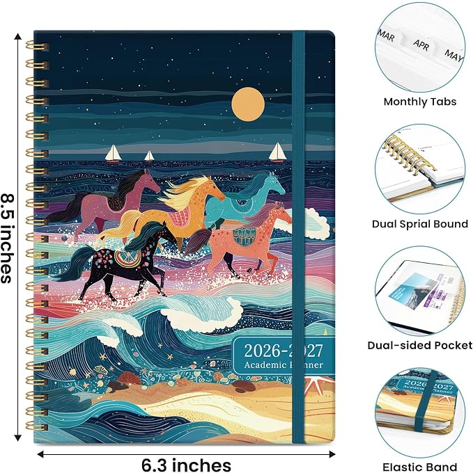 Planner 2026-2027, Monthly and Weekly Calendar Academic Planner July 2026 - June 2027, Hardcover Student Teacher Planning Agenda Book with Tabs, Perfect for Office School Supplies, A5 (6.3" x 8.5") - Waves Horses