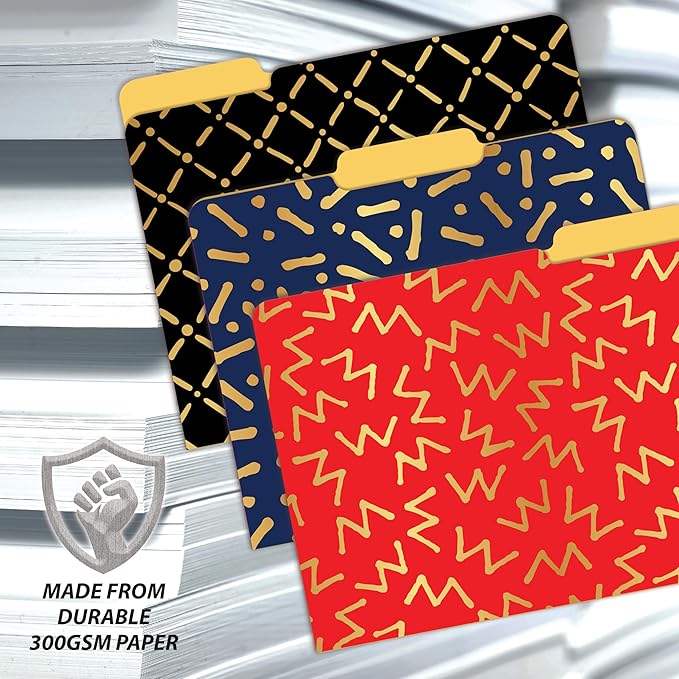 Better Office Products Decorative File Folders with Gold Foil, 18 Pack, 9 Geometric Designs, Red/Black/Blue Color Theme, Heavyweight, Letter Size (9.5" x 11.5") with 1/3 Cut Tab, Fashion Folders