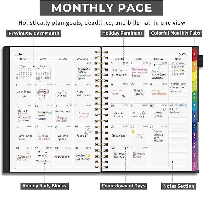 EMSHOI Academic Planner 2026-2027, Large A4 8.5x11, Weekly and Monthly Calendar (July 2026-June 2027), School Student Teacher Agenda Book, 100GSM Thick Paper, PVC Cover, Colorful Tabs, Black