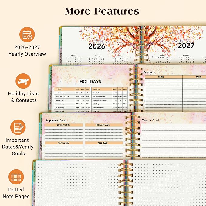 Planner 2026-2027, 18 Months Weekly and Monthly Daily Planner from January 2026 - June 2027, 8.5" x 11" A4 Large Hardcover Agenda Organizer Book 2026 with Tabs, Spiral Yearly Calendar Planners for School Work Home, Colorful Feather