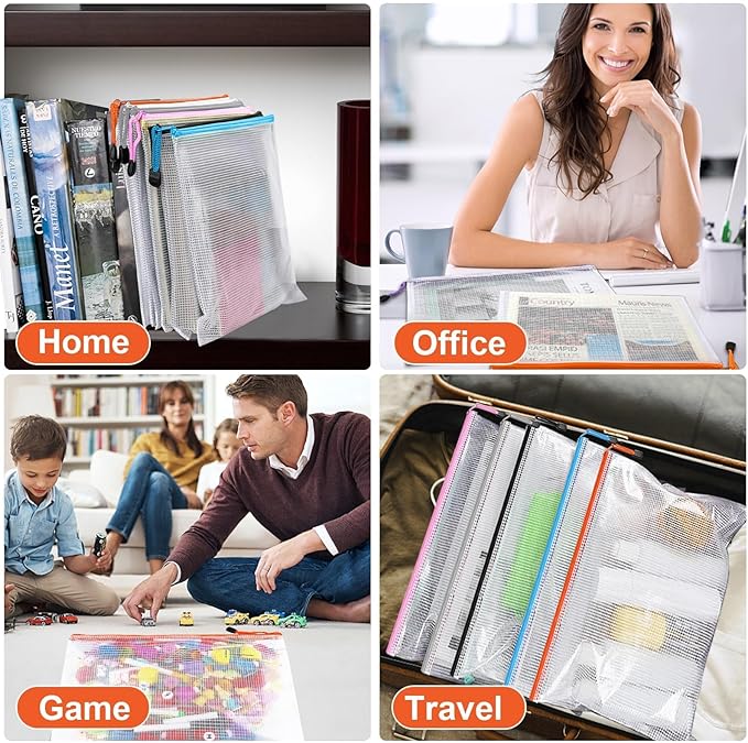 Krvyrn Mesh Zipper Pouches, 12 Pack A3 Waterproof Zipper Pouches for Board Game Storage, Puzzle Storage, Office and School Supplies, Home, Travel Organizer