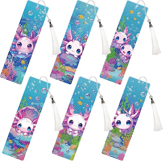 Axolotl Diamond Art Painting Bookmarks - 6 Pcs DIY Pink Animal Diamond Painting Kits with Tassel Sea Art Craft Back to School Supplies Graduation Gift for Teacher Student Book Lover