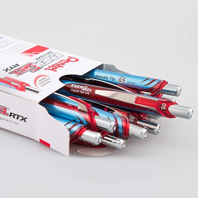 Pentel EnerGel Deluxe RTX Retractable Liquid Gel Pen, Fine Line, Needle Tip, Red Ink, Box of 12 (BLN75-B)