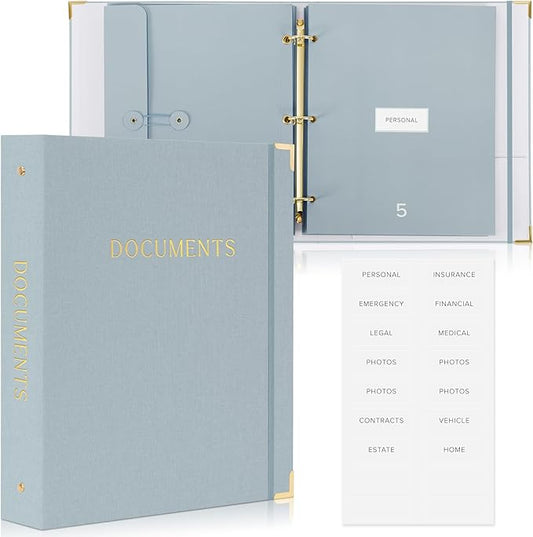 Important Document Organizer Set with Folders - Complete Linen Ring Binder Set Safely Stores All Documents & Files in One Place - Easy to Use Expanding Storage Incl. Envelopes, Pockets & Labels