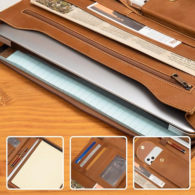 YIWEN Handmade Leather Portfolio, Zippered Padfolio Organizer Case, 8.5 x 11" Notepad Holder and 13" Tablet Folio, Professional Business Travel Gift for Women and Men (Brown, Crazy Horse Leather)