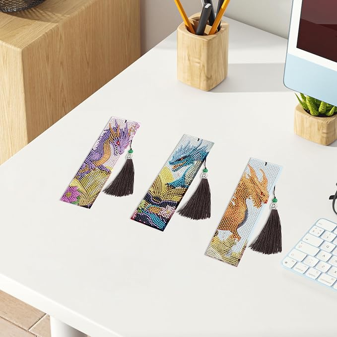Dragon Diamond Art Bookmarks Kit: 8 Pcs Diamond Painting Bookmark with Tassels, Fantastic Dragon Book Marks for Book Lovers, Gifts for Reading Men DIY Crafts