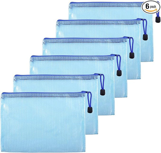6 Pcs 4.72" x 6.3" A6 Sizes Mesh Zipper Pouch Bags, Mesh Bags with Zipper，Waterproof Clear document pouch for Organization Puzzles Travel, Office, Classroom Organization, A6 Blue
