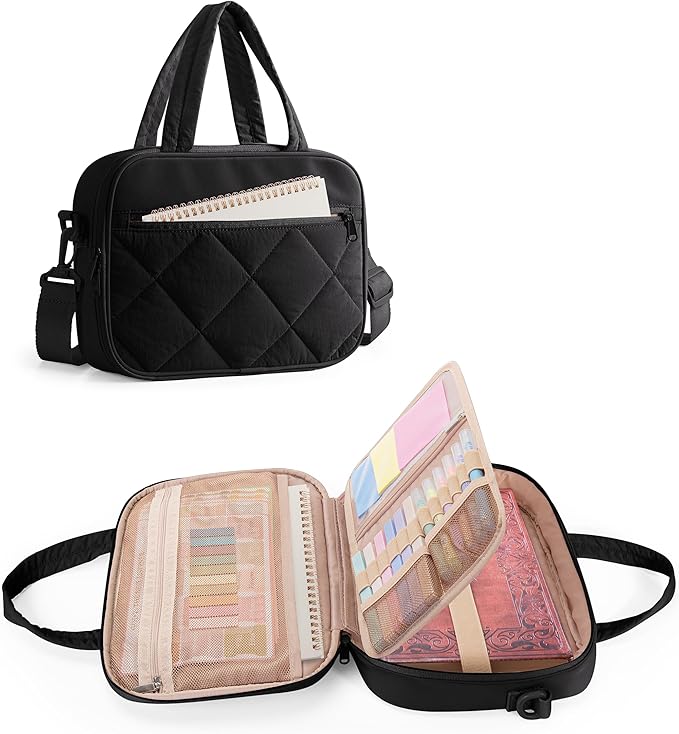 Marscamd Quilted Bible Cover Case with Crossbody Strap and Multiple Pockets, Lightweight Bible Bag for Women, Black