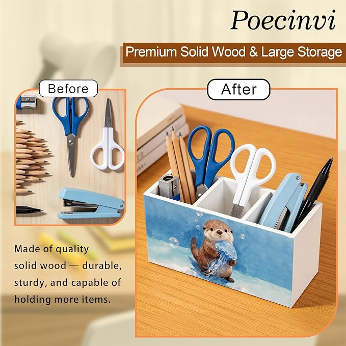 Coastal Beach Sea Otter Pen Holder for Home Kids Room Desk, Otter Lover Gifts, Coastal Ocean Wildlife Nursery Wooden Box Sign Pencil Holder for Desk Shelf Organizer