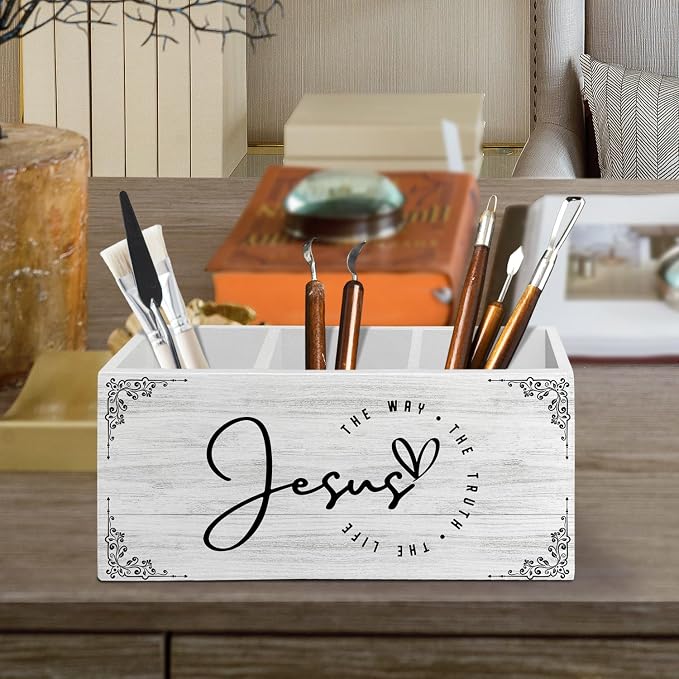 Jesus Christian Pen Pencil Holder Organizer for Desk Accessories, Religious Bible Verse Wooden Box Sign Desk Decor for Home Office Decoration, Jesus Christian Gifts for Women Men