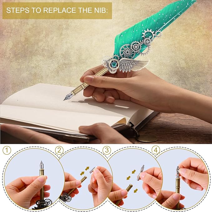 NC Quill Pen Ink Set, Feather Pen Includes 5 Bottles Ink and 6 Replaceable Stainless Steel Nibs, Mechanical Quill Calligraphy Pen for Writing, Letters, Invitations (Green)