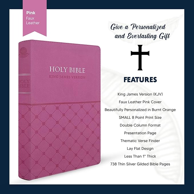 Faux Leather Custom KJV Holy Bible Personalized with Name | Small Text | King James Version Gift and Award Bible for Religious Occasions, Pink