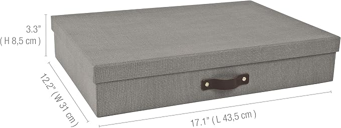 Bigso Sverker Canvas Fiberboard Legal and Art Storage Box | Scrapbook Storage Box for Loose Papers and More | Durable Document Boxes with Lid and Leather Handle | 17.1’’ x 12.2’’ x 3.3’’ | Grey