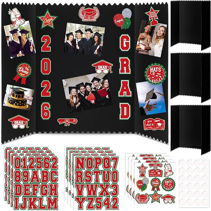 AmazingSpark 4 Sets Graduation Photo Display Board Trifold Poster Board with 12 Graduation Themed Stickers for 2026 Grad Party Decoration Picture Collage Frame Supplies (24 x 16,Red Green)