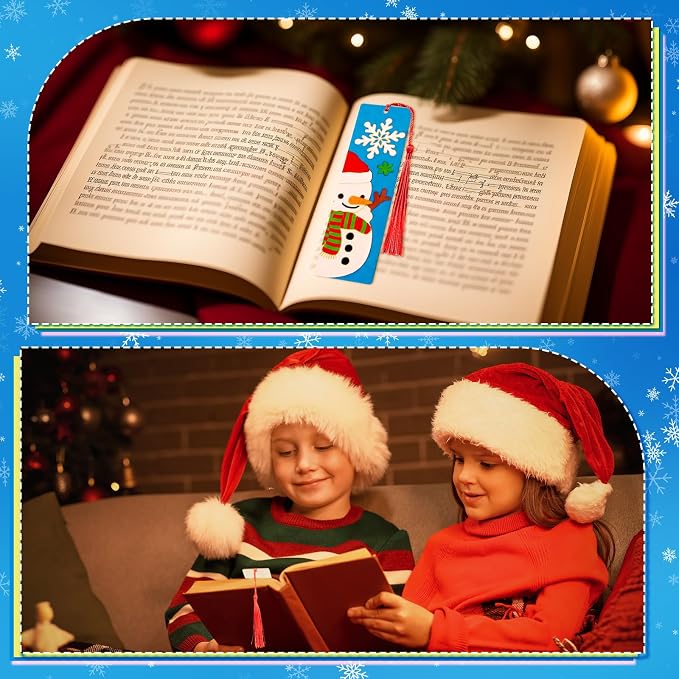 AmazingSpark 100 Pcs Winter Wood Bookmarks DIY Crafts Kit, 50 Set Christmas Color Your Own Blank Bookmarks with Tassel Santa Snowmen for Classroom Art Gifts Teacher Student Reward