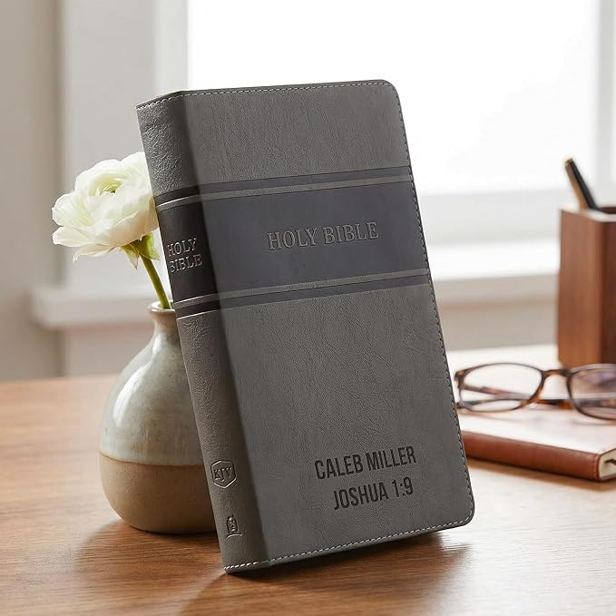 Printualist Personalized KJV Deluxe Holy Bible with Name Engraved, Red Letter King James Version, Faux Leather Gray Cover, Custom Gift Bible for Christian Celebrations