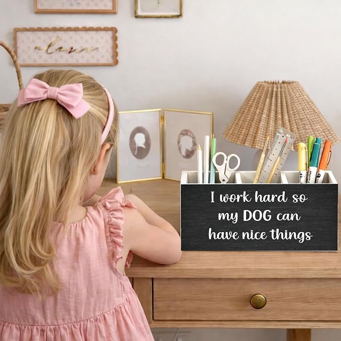 Dog Lover Desk Organizer Wooden Pen Pencil Holder for Desk, 3 Compartments Office Accessories, I Work Hard So My Dog Can Have Nice Things Funny Decor, Cute Puppy Theme Table Storage for Women Men