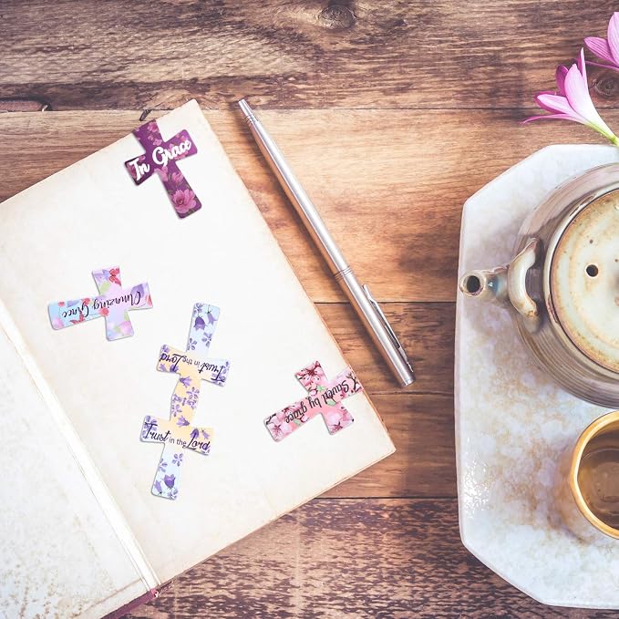 Outus 144 Pieces Magnetic Bookmarks Cross Christian Magnetic Page Markers Religious Bible Verses Bookmarks for Mother's Day Women Student School Reading Gifts Church Bible Study Group (Floral Style)