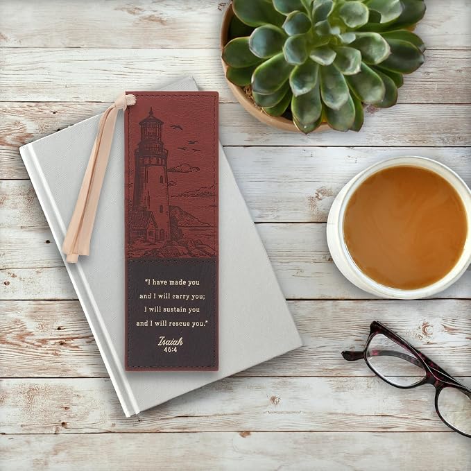 Christian Art Gifts Premium Vegan Leather Inspirational Scripture Bookmark for Men & Women: I Will Carry You Encouraging Bible Verse, Heat-Debossed, Satin Ribbon, Lighthouse Ocean Theme, Brown & Gold