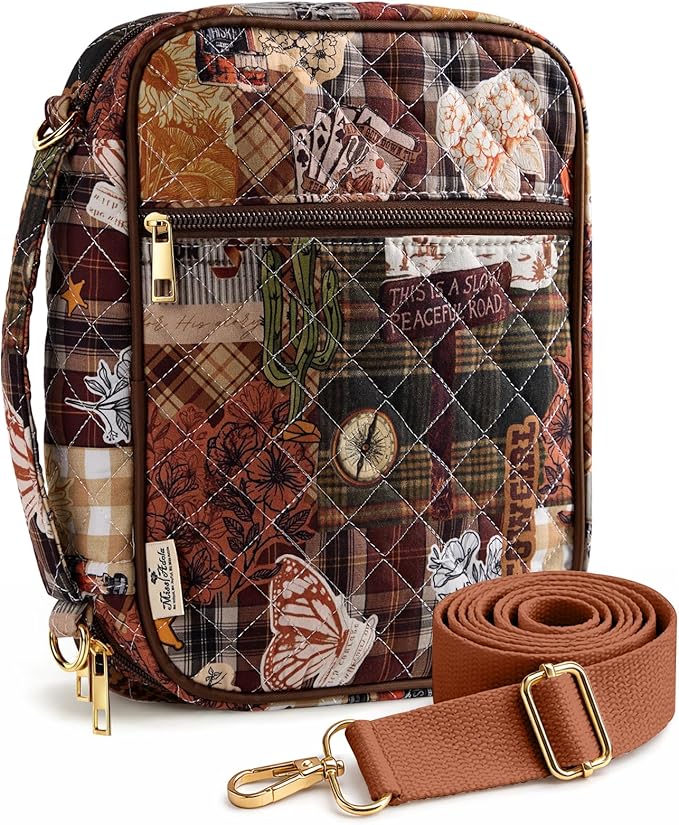 Miss Adola Bible Cover Case for Women - Quilted Bible Carrying Case Organizer Study Bag with Zipper Handle and Shoulder Strap Western Patchwork Style Book Cover for Teen Girls