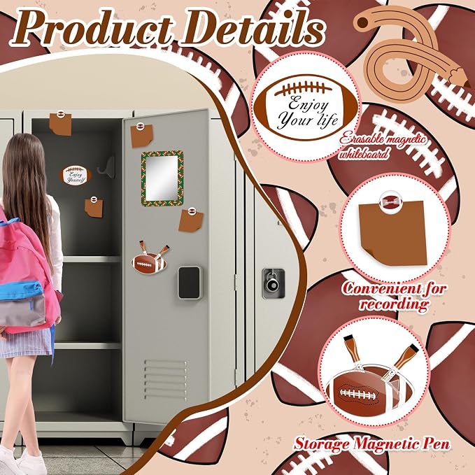 Demonwer 12 Pcs Locker Accessories Kit Rugby Themed Magnetic Whiteboard Mirror Pen Holder for Back to School Essentials Locker Decorations