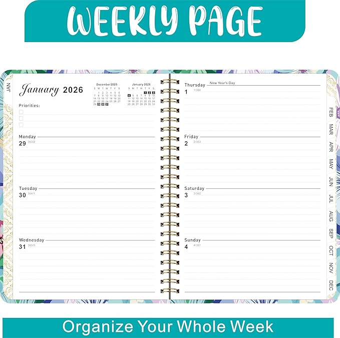 2026 Weekly and Monthly Planner, Medium 6.2 x 8.5 Inch, Hardcover with Floral Design, Jan-Dec Calendar, Spiral-Bound with Monthly Tabs, 100 GSM Paper (yellow flower) (puple blue flower))