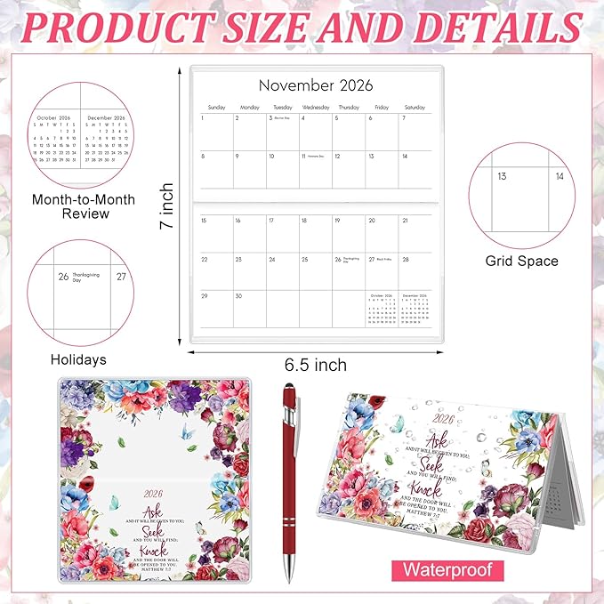 Gueevin 2026 Pocket Calendar for Purse with Pen Small Pocket Planner Handy Weekly Monthly Planner Journal Writing Notebook Valentine New Year Gift Sister Friend Women(Bible,Wine Red)