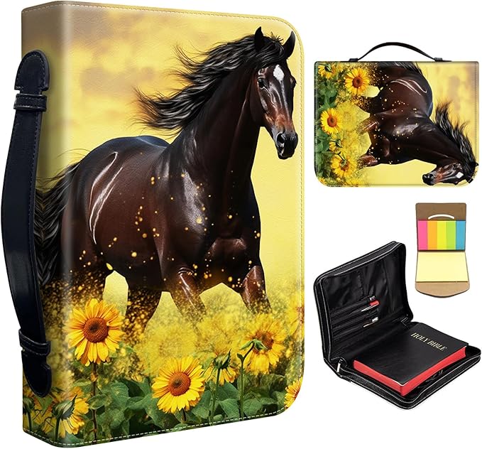 Bible Cover for Men Women,Large Leather Bible Case Fit Book Up to 11x8x2 Inch,Horse Run in the Sunflower Field Bible Covers Bible Study Carrier Church Bags w/Handle & Zipper