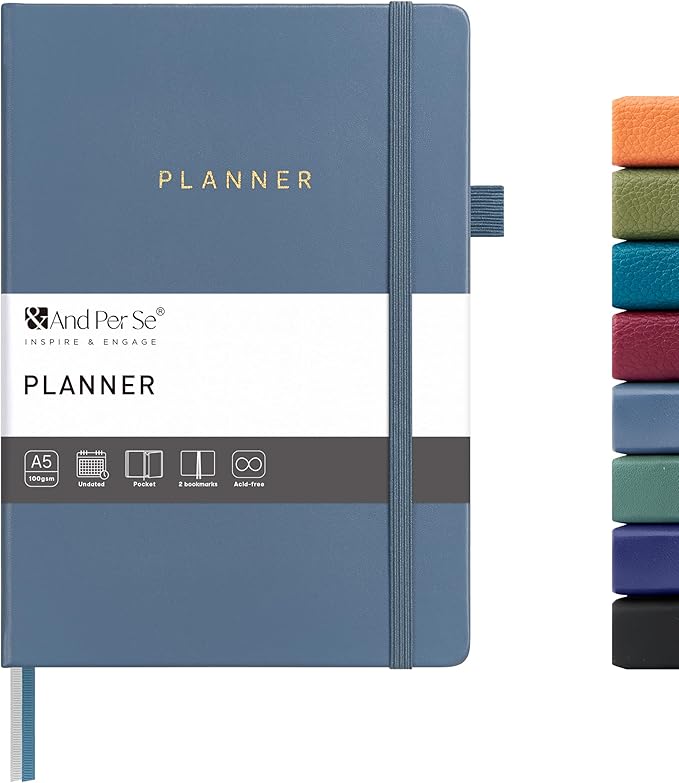And Per Se Undated Weekly Planner 2026, A5 size Leather Hardcover Planner with Goals & Habit Tracker – ADHD Planner & Productivity Journal (Dark Blue)