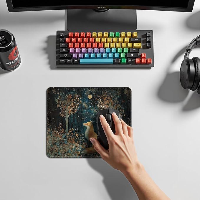 Dark Moody Forest Fox Mouse Pad, Fox Gifts for Women Men, William Morris Inspired Cottage Core Moonlight Wild Animal Mouse Pad for Home Office Computer Gaming Desk Essentials, 9.5x7.9 Inch