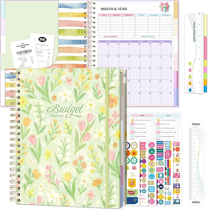 Ospelelf Budget Planner and Monthly Bill Organizer, Spiral Bindding Money Expense Tracker with Pockets & Stickers, 9" X 11" Large Pages for Spacious Writing, Original Fun Colorful Design, 12 Month Financial Notebook Green Floral