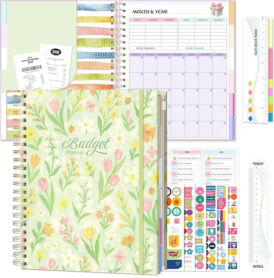 Ospelelf Budget Planner and Monthly Bill Organizer, Spiral Bindding Money Expense Tracker with Pockets & Stickers, 9" X 11" Large Pages for Spacious Writing, Original Fun Colorful Design, 12 Month Financial Notebook Green Floral