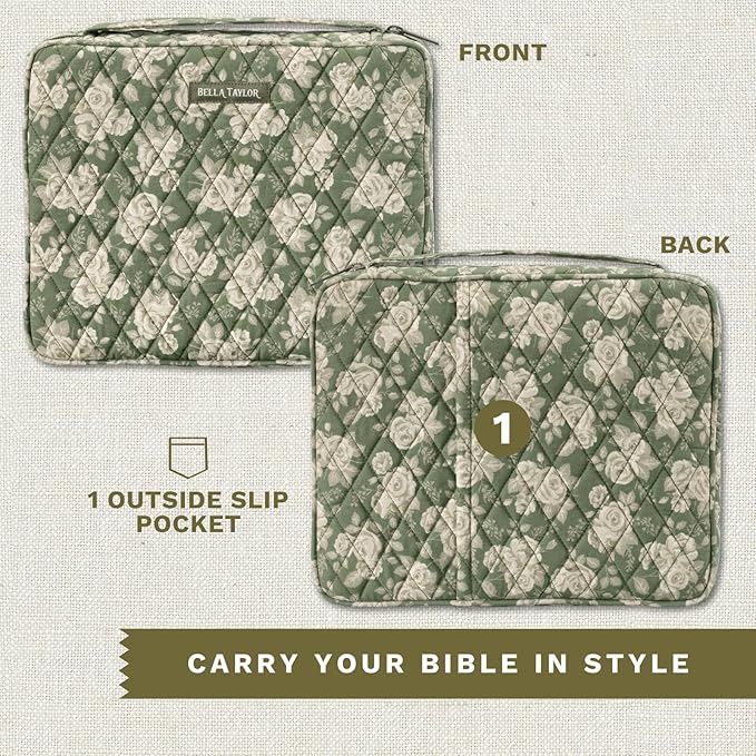 Bella Taylor Quilted Bible Cover for Women - Large Study Bible Case - Heirloom Rose