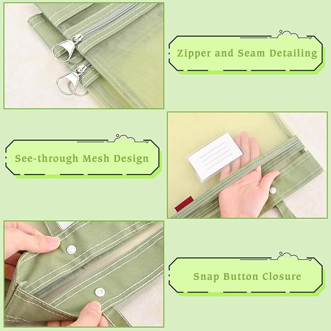 2-Pack Mesh Zipper Pouch Bags with Handles, Double-Layer Nylon Document Bag with Label Pocket, File Storage Pouches for Office Supplies School Travel (Green)