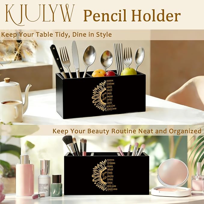 Christian Sunflower Pen Holder for Desk, Christian Gifts for Women, Inspirational Bible Verse Wooden Box Pencil Pen Holder Organizer for Home Office Desk Accessories