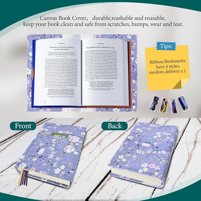 Adjustable Book Cover Protector for Paperbacks,Waterproof Soft Canvas Fabric Book Cover with Pockets Bookmark,Double Side Print Book Dust Jacket Covers for Hardcover Book Lovers Gift