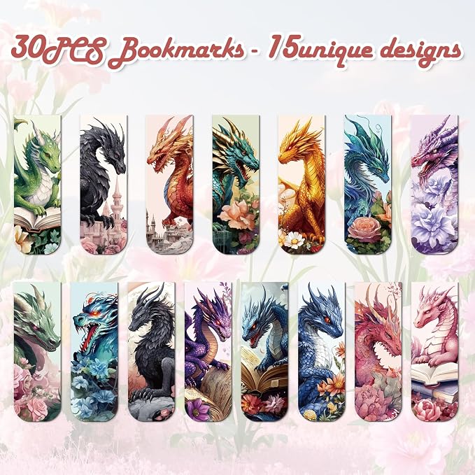 Wxiben Cool Dragon Magnetic Bookmark - 30Pcs Flower Dragon Bookmarks Magnets Unique Animal Book Marks Page Magnets Marker Clip Gifts for Book Lovers Reading Bookworms Office Supplies