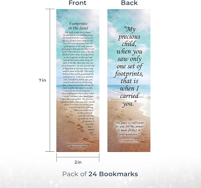 Footprints in The Sand Bookmark - 24 Pack, 2-Sided, Christian Inspirational Bible Book Mark, Bulk Religious Book Markers for Reading, 7.25"x2" (24 Bookmarks)