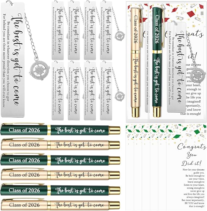 Affrolling 12 Sets Class of 2026 Graduation Gifts Bulk – Graduation Pens, Compass Bookmarks, Cards & Clear Gift Bags, Inspirational Party Favors for Students & Teachers(Green,Gold)
