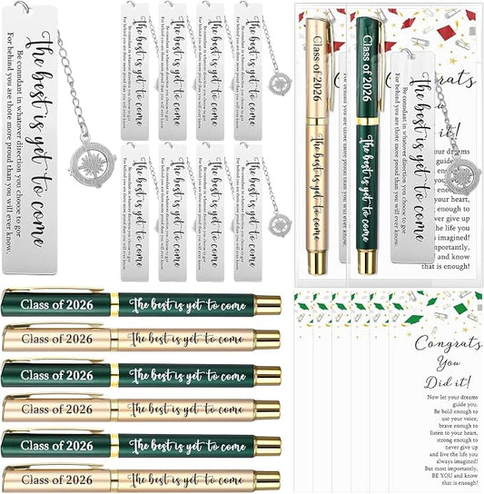 Affrolling 12 Sets Class of 2026 Graduation Gifts Bulk – Graduation Pens, Compass Bookmarks, Cards & Clear Gift Bags, Inspirational Party Favors for Students & Teachers(Green,Gold)