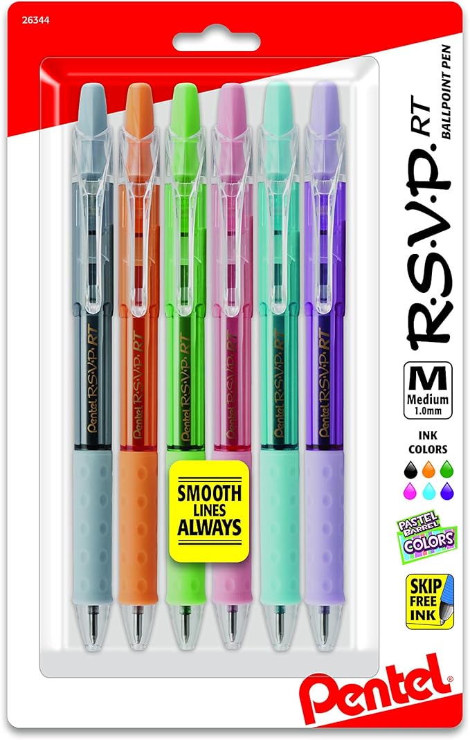 Pentel RSVP RT Pastel Barrel, Retractable Ballpoint Pen, (1.0mm) Med, Assorted Ink (6-Pk)