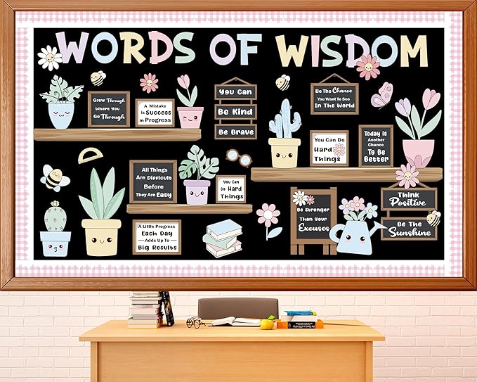 Spring Bookshelf Bulletin Board Set Pastel Motivational Words of Wisdom Classroom Decoration Inspirational Positive Potted Plant Flowers Cutouts for School Office Home Library Chalkboard Wall Decor
