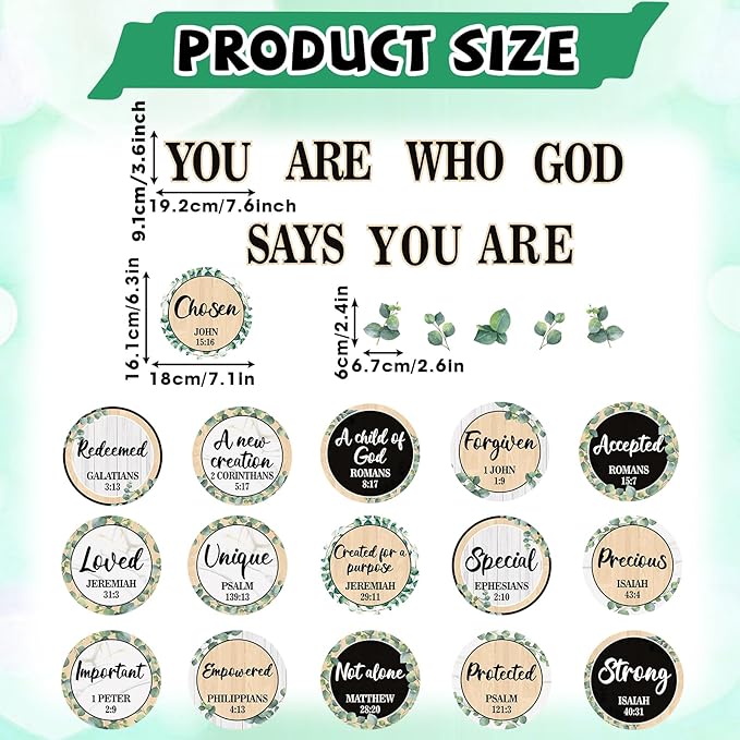 Qyeahkj Christian Bulletin Board Decoration Greenery God Says You are Religious Classroom Wall Decor Eucalyptus Motivational Quote Cutout Christmas Bulletin Board Set for Sunday School Home Church