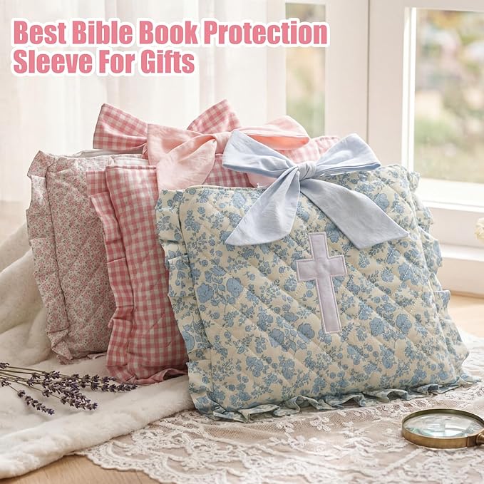 Honoson Quilted Bow Bible Sleeve Cover Case Padded Protector Washable Bible Bag Pouch Christian Gift for Women Girls Book Lover Gifts(Pink Floral)